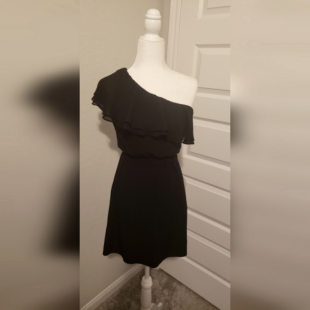White House Black Market Black One Shoulder Ruffle Dress